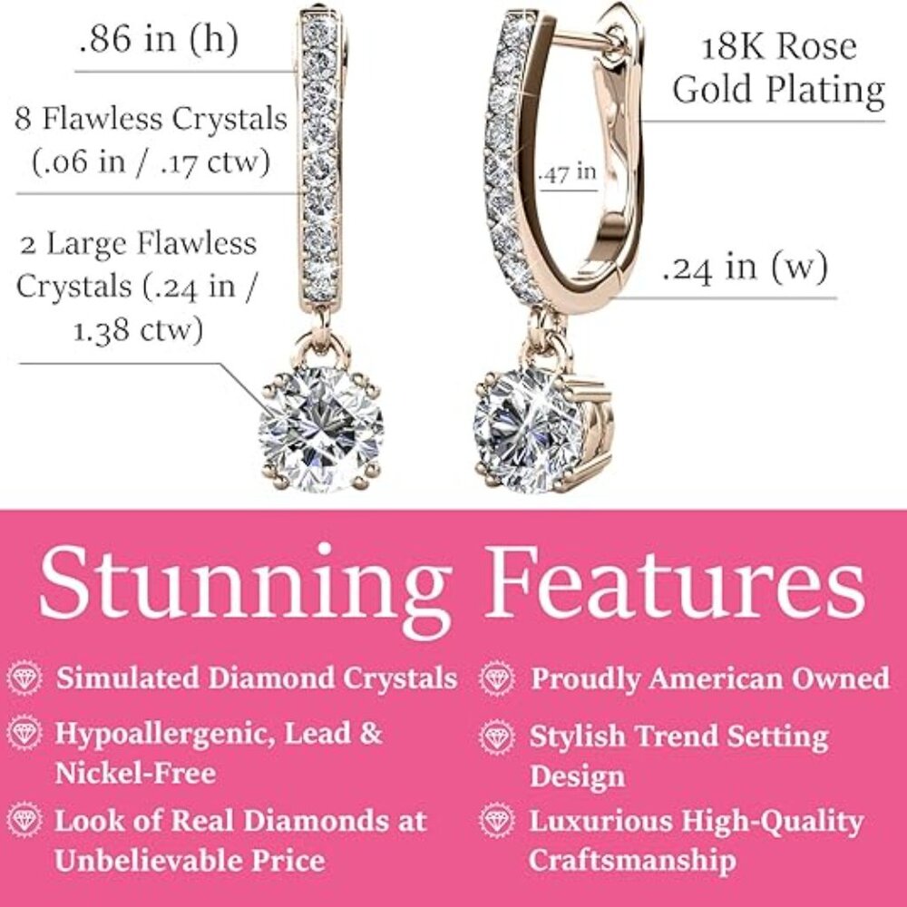 Cate & Chloe McKenzie 18k Rose Gold Plated Drop Dangle Earrings with Swarovski - Picture 8 of 9